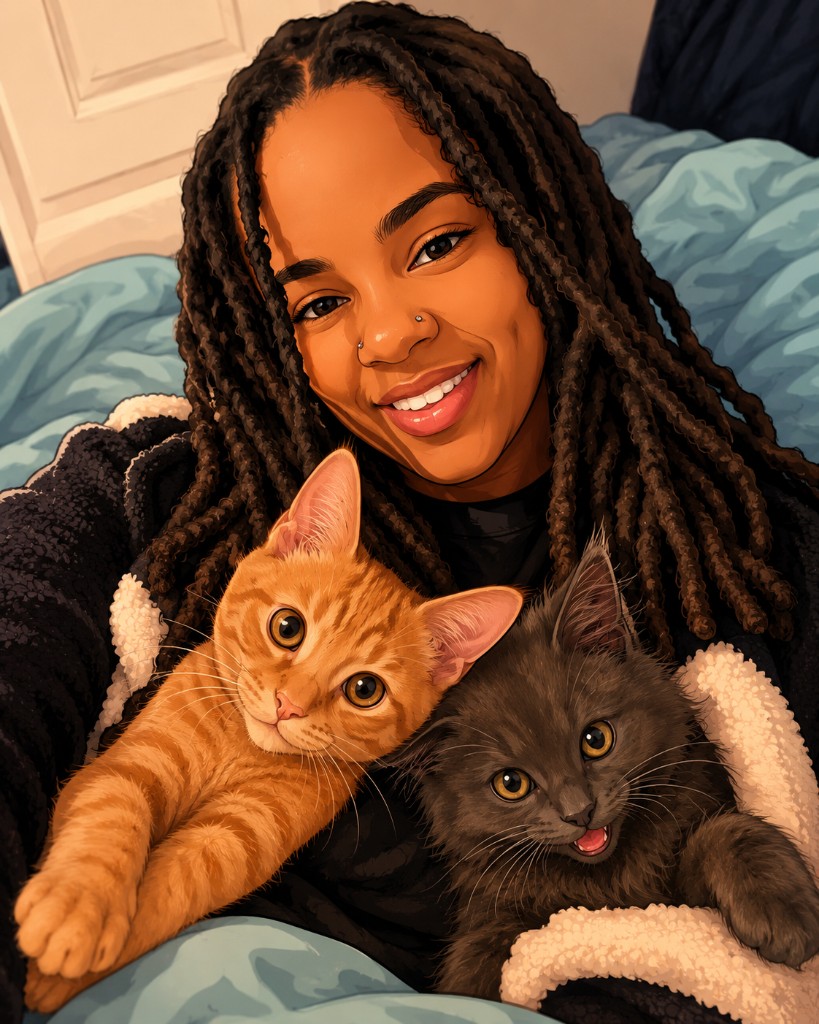 Nalina, founder of Paws of Care Network, smiling with two kittens