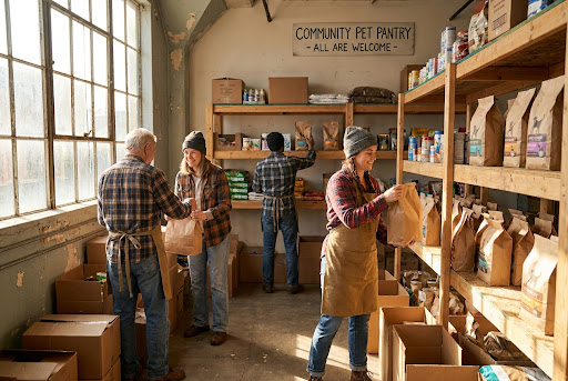 Volunteers stocking the community pet pantry shelves
